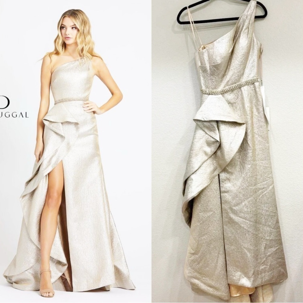 Size 0 Mac‎ Duggal Champagne Gold One Shoulder Metallic Ruffled Gown Prom Dress